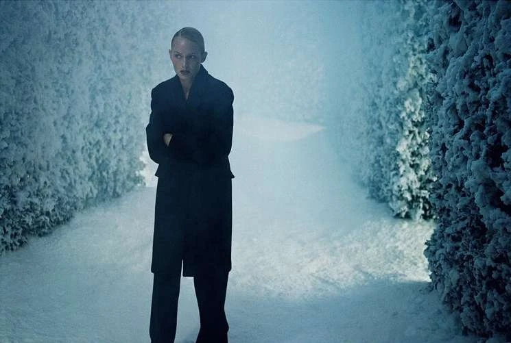 Adult female stands in a snow-covered hedge maze, wearing a dark coat and trousers, with cool, muted tones, creating a serene and wintery image.