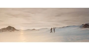 Two silhouetted people walk across a vast, snowy plain toward distant mountains under a soft, neutral-toned, cloudy sky.