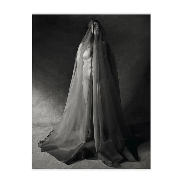 Monochrome portrait of a nude woman standing indoors, draped in a sheer veil from head to toe against a dark grey backdrop.