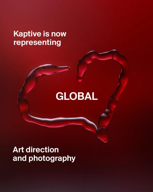 Heart-shaped form made of dripping liquid on a red background with the text "Kaptive is now representing Global Art direction and photography."