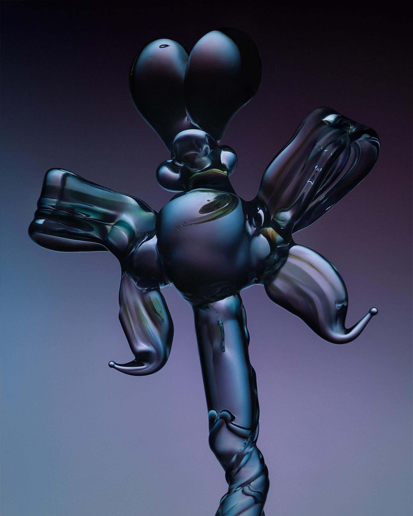 Abstract iridescent glass sculpture with bulbous shapes against a gradient purple background.