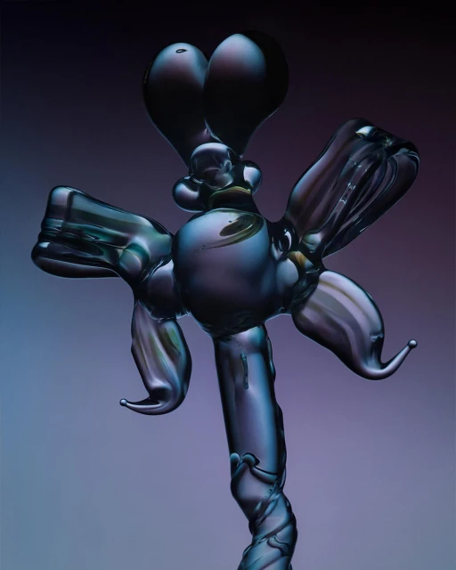 Abstract iridescent glass sculpture with bulbous shapes against a gradient purple background.