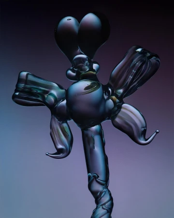 Abstract iridescent glass sculpture with bulbous shapes against a gradient purple background.