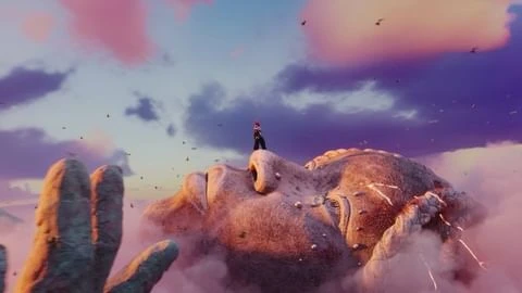 Animated scene of a stone face in clouds with a person standing on the nose, surrounded by birds against a sky with colorful clouds.