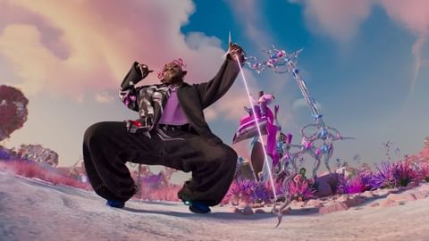 An individual poses outdoors holding an ornamental bow. This digital art image features fantasy landscape, dramatic sky, and iridescent details.