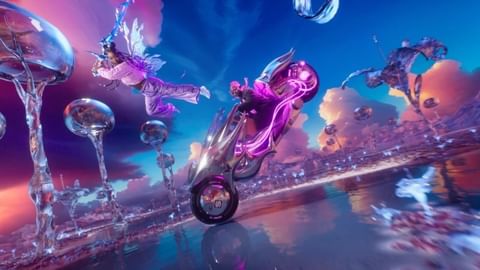 Digitally rendered scene with a fairy-winged person floating in front of a futuristic motorcycle over a reflective surface and dreamy background.