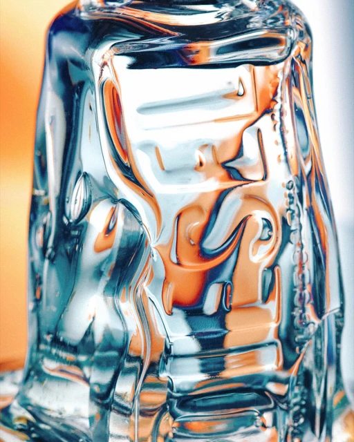 Close-up of a textured clear glass with abstract shapes, showcasing patterns of light and refraction against an orange and white background.