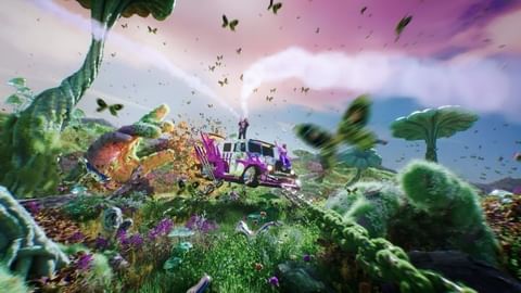 Surreal fantasy landscape with colorful grass, trees, flowers, and butterflies; a van with people on top emitting beams of light.