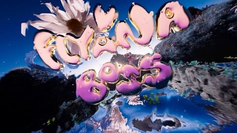 Abstract digital art featuring floating, semi-transparent stylized text 'Romona Boss' above a mirrored landscape and sky background.