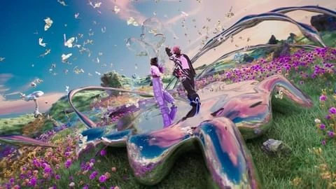 Surreal digital scene with two figures on a giant liquid chrome structure floating in a purple wildflower field under a pink sky.