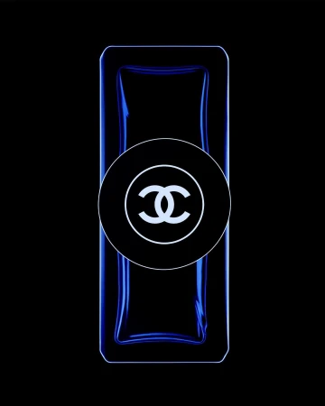 Chanel No. 5 perfume bottle with blue tint and a black background for high contrast and minimalist aesthetic.