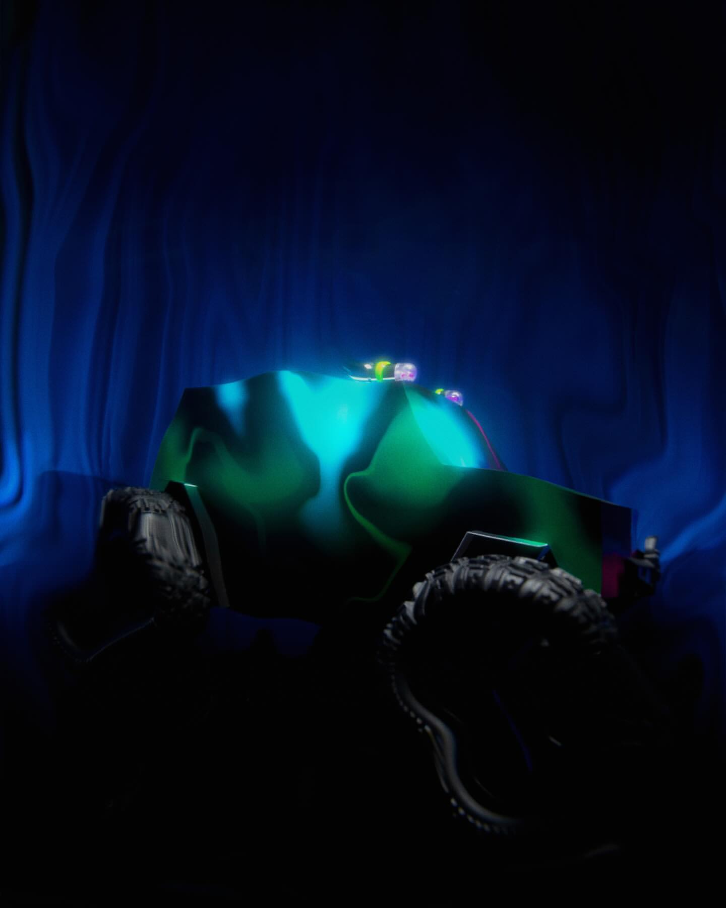 CGI rendering of a monster truck in dark environment. The truck features camo colors and oversized tires and is lit with neon light.
