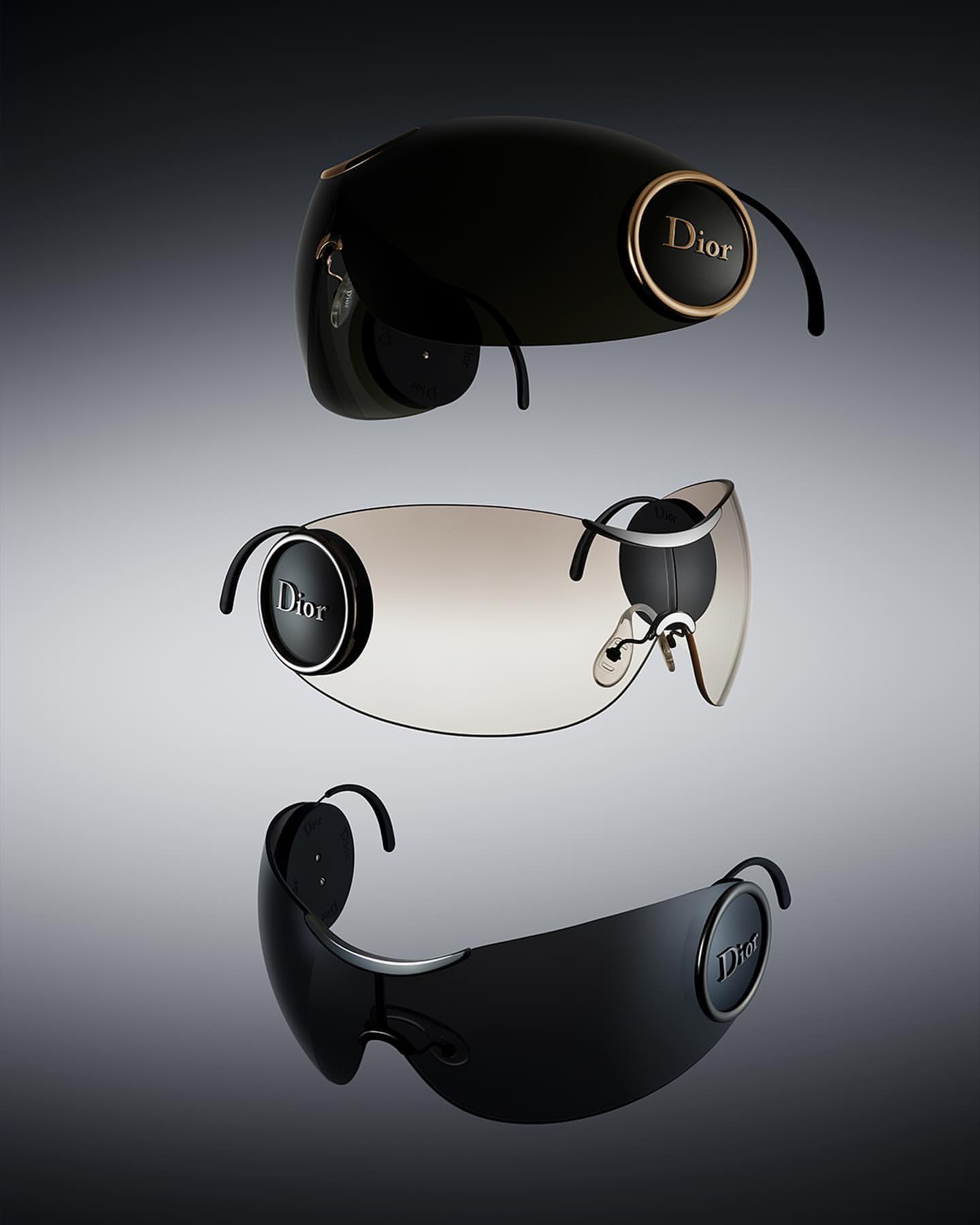 Three pairs of Dior sunglasses are presented on a gradient background, showcasing their unique designs and the brand's logo.