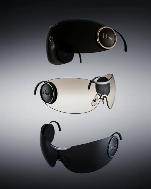 Three pairs of Dior sunglasses are presented on a gradient background, showcasing their unique designs and the brand's logo.