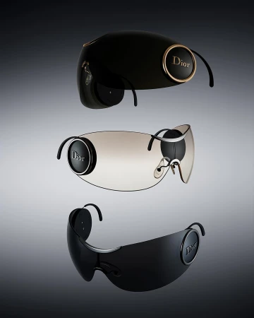 Three pairs of Dior sunglasses are presented on a gradient background, showcasing their unique designs and the brand's logo.