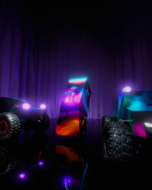 Three toy monster trucks on a black reflective surface with purple stage lighting and dark purple curtain backdrop for special event. 