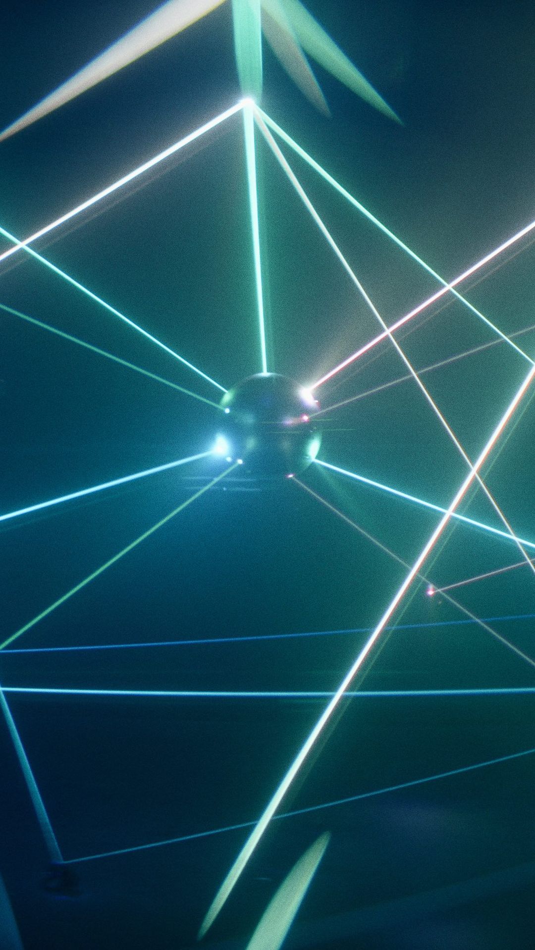 Abstract CGI image with glowing teal lines intersecting around a metallic sphere against a dark backdrop, creating a futuristic digital art display.