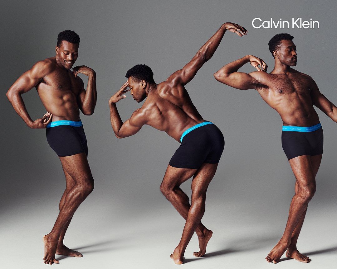 Three images of a shirtless Black male model in black underwear posing against a grey background for Calvin Klein underwear advertising.