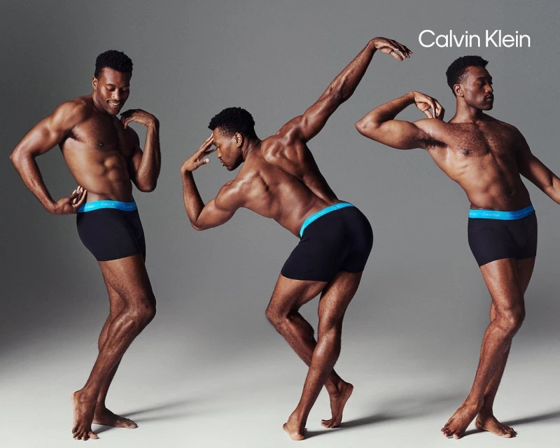Three images of a shirtless Black male model in black underwear posing against a grey background for Calvin Klein underwear advertising.