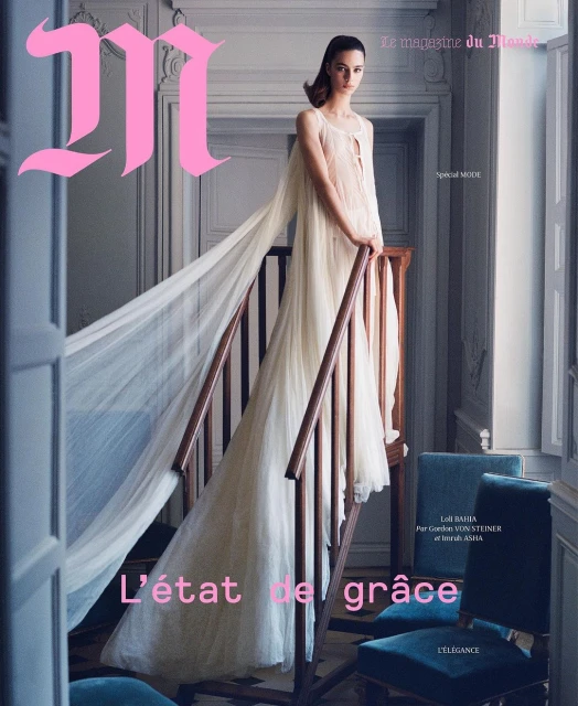Fashion editorial magazine cover featuring a model in a sheer gown, posing on stairs in an elegant interior setting with pink masthead.