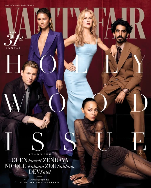 Vanity Fair's Hollywood Issue 2024-2025 featuring Glen Powell, Zendaya, Nicole Kidman, Zoe Saldana, and Dev Patel in a portrait-style photograph.
