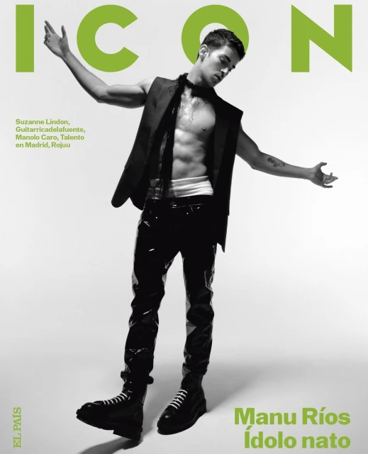 Fashion magazine cover featuring Manu Ríos in a vest and patent pants. The cover includes magazine text elements against a white background.