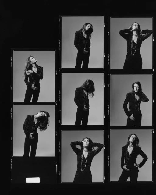 Black and white contact sheet showcasing a young woman in a blazer and pants, styled with a long necklace, posing in various positions.