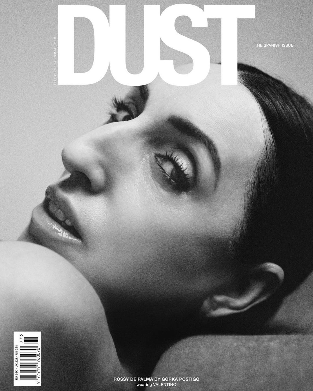 Black-and-white portrait of Rossy de Palma on the cover of DUST magazine. The Spanish Issue features a close-up, low-angle view.