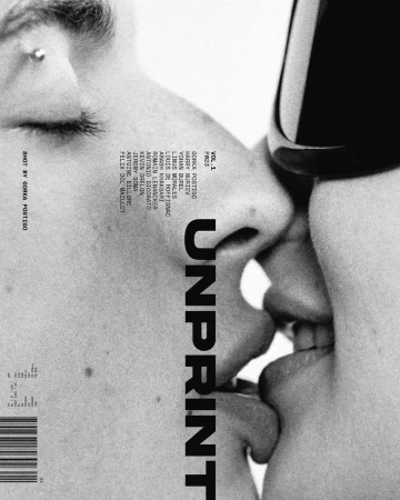 Close-up black and white photograph of two adult humans kissing each other, with stylized magazine text and a barcode.