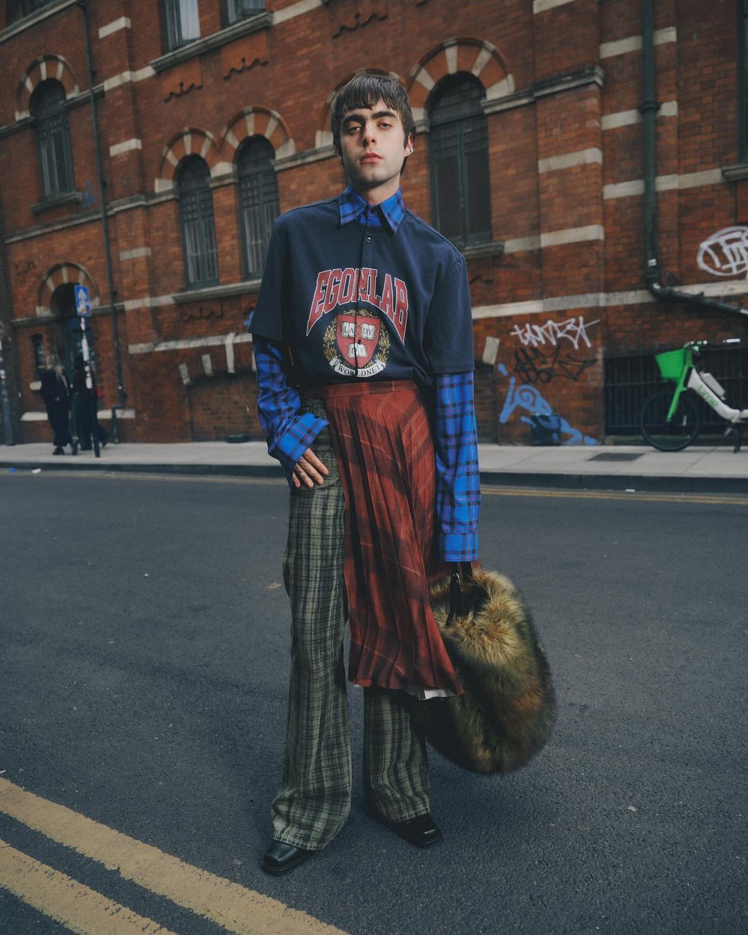 Full-length portrait of a man in layered vintage clothing on a city street, holding a fur bag, with a brick building in the background.