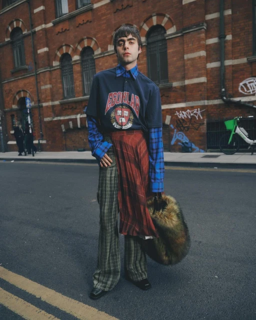 Full-length portrait of a man in layered vintage clothing on a city street, holding a fur bag, with a brick building in the background.