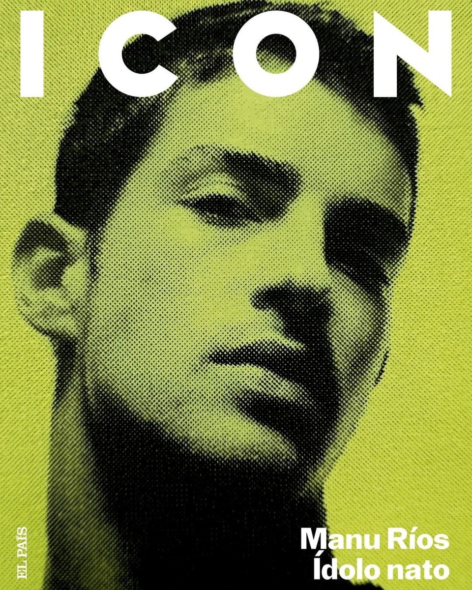 Portrait of Manu Rios for ICON Magazine cover, featuring bold yellow halftone background and white typography, contrasted with dark figure.