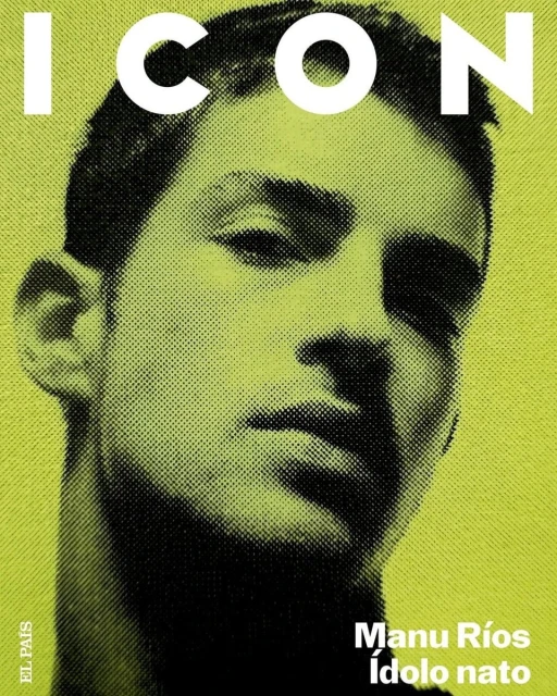 Portrait of Manu Rios for ICON Magazine cover, featuring bold yellow halftone background and white typography, contrasted with dark figure.