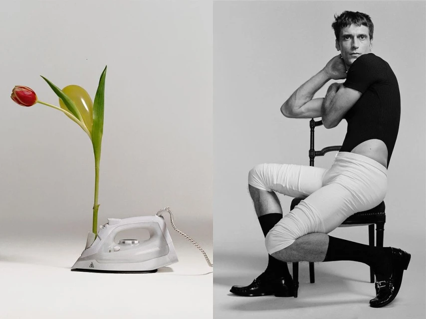 Black and white studio shot of a man in a leotard sitting on a chair alongside an iron with a tulip and balloon coming out of it.