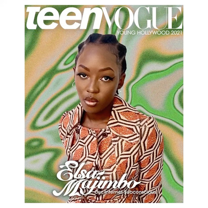 Teen Vogue cover featuring a Black woman wearing a patterned jacket; green and yellow psychedelic background with brand and headline text.