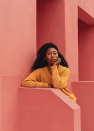 Black woman wearing a yellow sweater leaning on a pink architectural structure