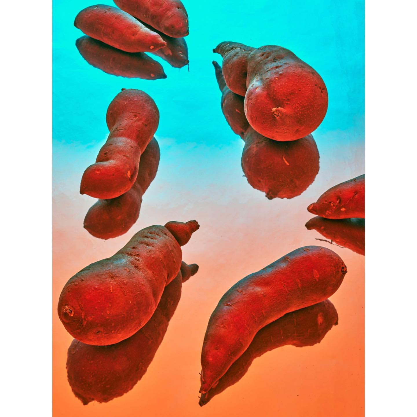 Several sweet potatoes on a gradient light-blue and orange background, creating a visually striking, colorful still life.