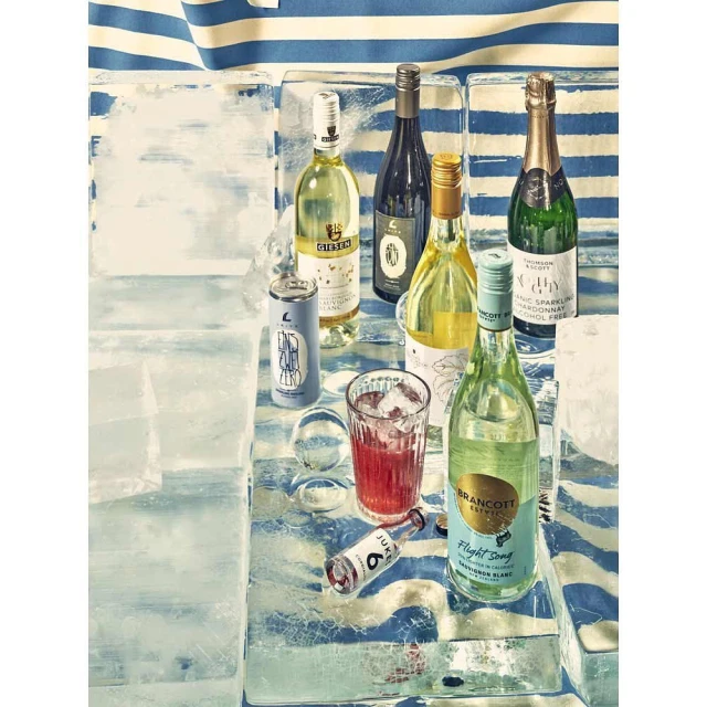 Arrangement of assorted alcoholic beverages on top of ice with a blue and white striped background, suggesting a refreshing and cool presentation.