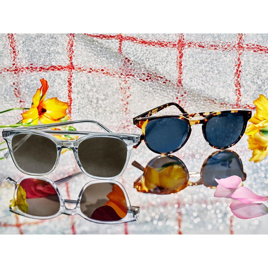Two pairs of sunglasses, one clear-framed and one tortoise-shell, are displayed with yellow flowers and petals on a reflective surface.