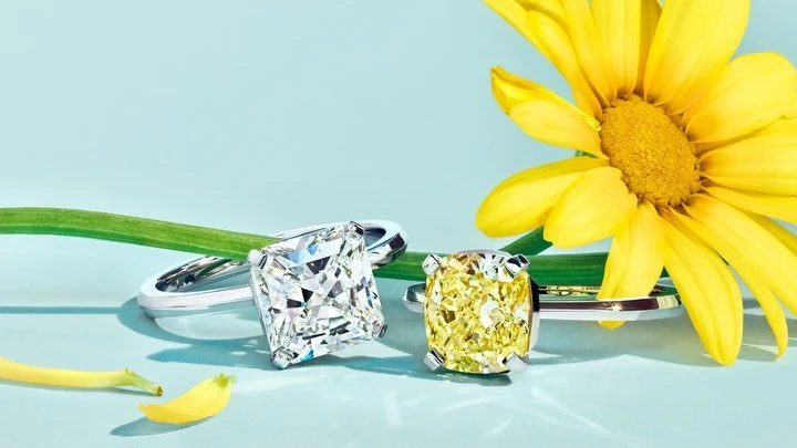 Two diamond rings, one white diamond, one yellow diamond, are next to a large yellow daisy flower against a light blue background.