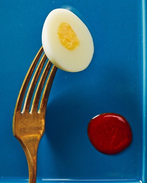 Elevated view of a halved hard-boiled egg balanced on a gold fork with a drop of red sauce on a blue plate, showcasing food photography.
