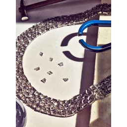 Close-up still life photograph by Grant Cornett of an intricate silver link necklace and loose gemstones laid on a light surface with tools.