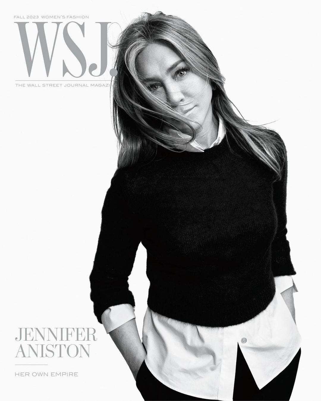 Jennifer Aniston cover for WSJ. Magazine Fall 2023 Women's Fashion issue. Black and white portrait in a black sweater and white shirt.