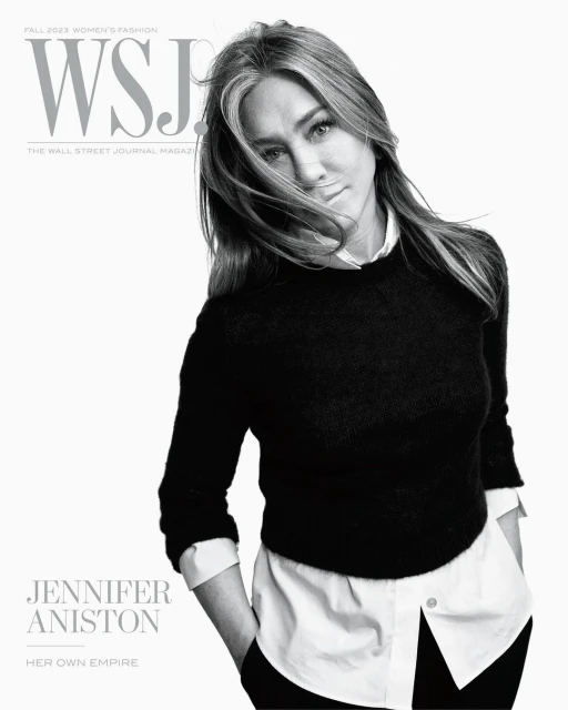 Jennifer Aniston cover for WSJ. Magazine Fall 2023 Women's Fashion issue. Black and white portrait in a black sweater and white shirt.
