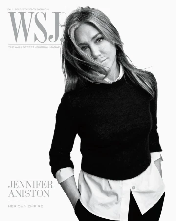 Jennifer Aniston cover for WSJ. Magazine Fall 2023 Women's Fashion issue. Black and white portrait in a black sweater and white shirt.