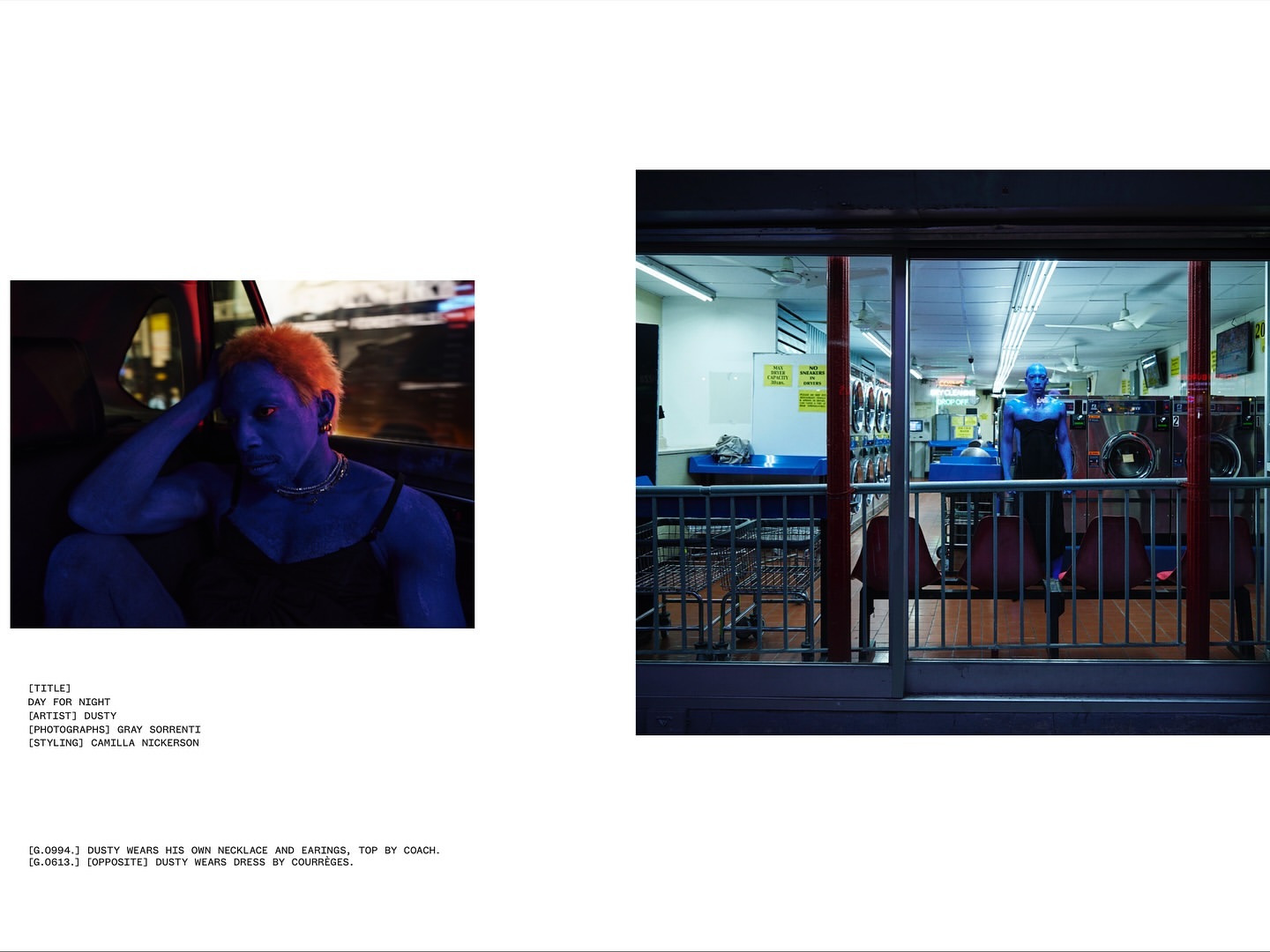 Two images side-by-side showing a blue-skinned person in a car and another in a laundromat, styled with bold, creative fashion.