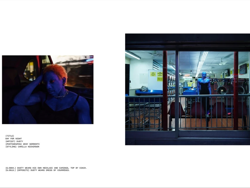Two images side-by-side showing a blue-skinned person in a car and another in a laundromat, styled with bold, creative fashion.