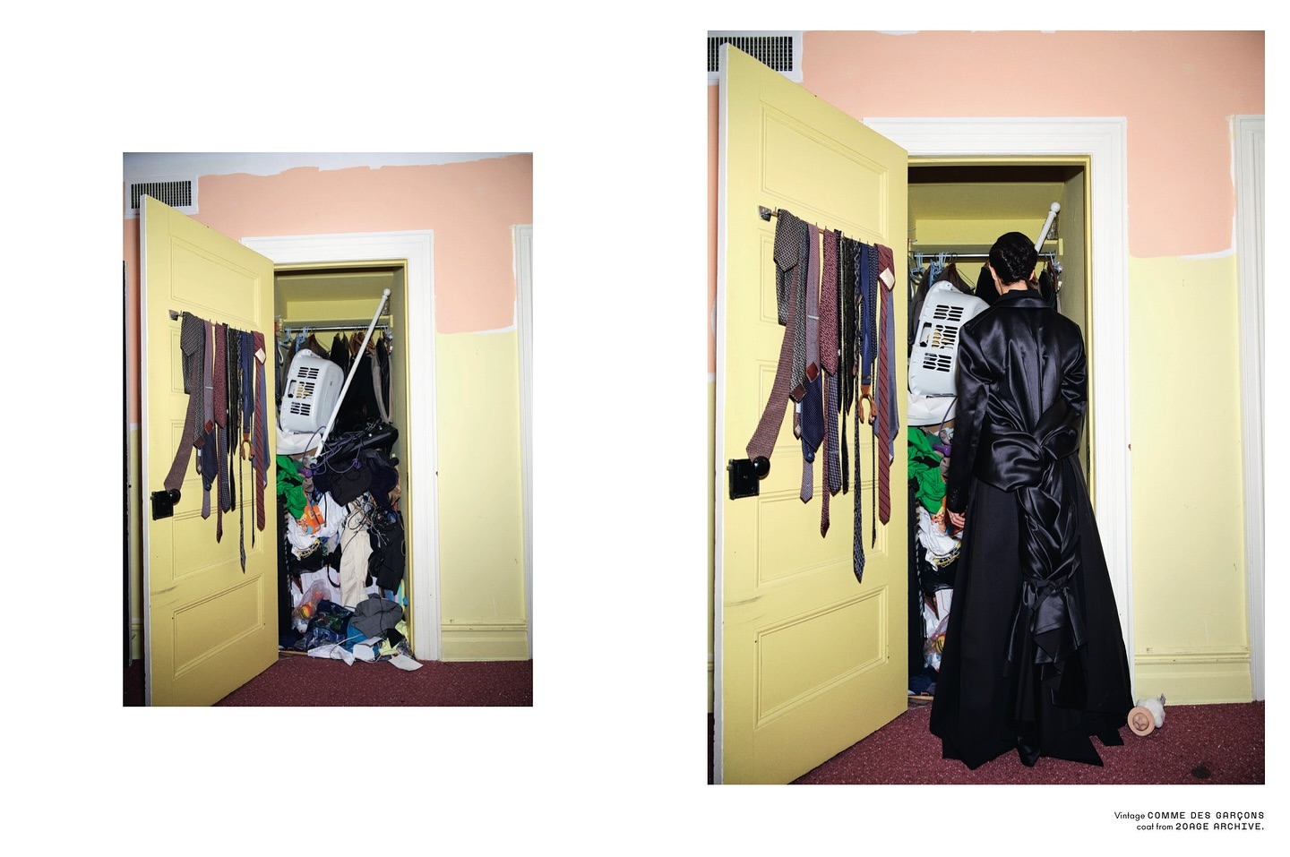 Woman stands before an open closet in a room with yellow and pink walls, filled with assorted clothes, ties hung on the door.