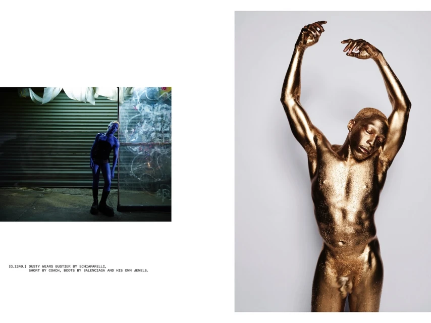 Two contrasting images: one shows a blue-painted person in an urban setting, the other displays a nude man covered in shimmering gold paint.