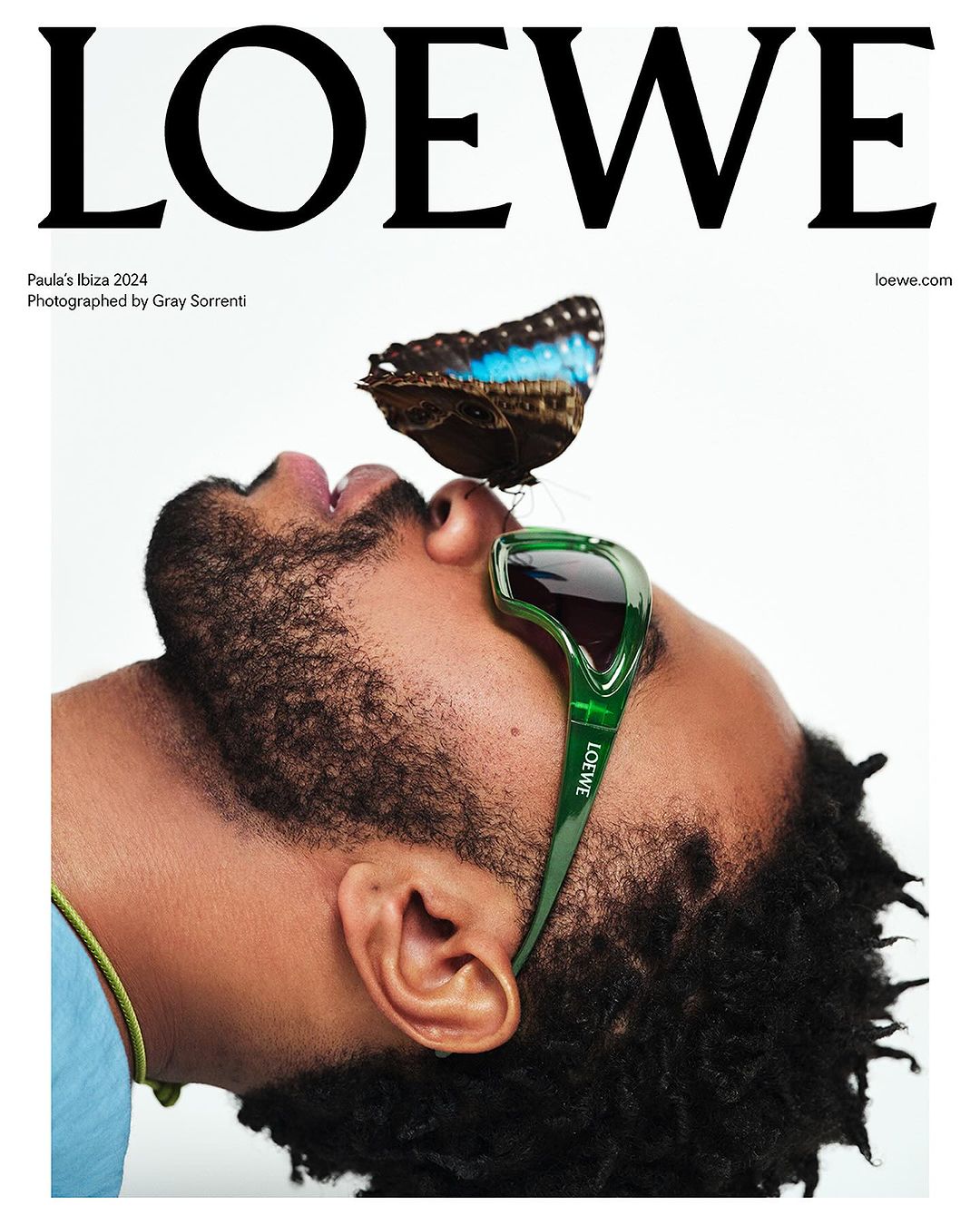 Loewe campaign featuring a man with a butterfly on his nose wearing Loewe sunglasses, set against a clean white backdrop with brand text.